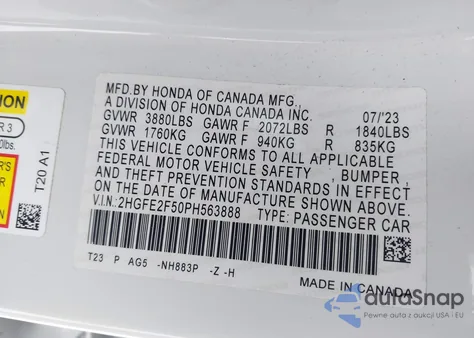 2023 Honda Civic Sport из США, поврежденный, VIN 2HGFE2F50PH563888